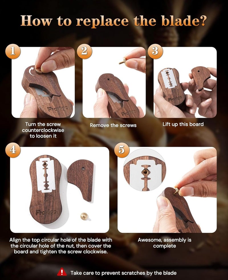 Frovigo Bread Lame, Scoring Tool for Sourdough with 5 Retractable Razor Blades, Professional Dough Scorer with Magnetic Safety Design, Bread Slashing Tool, Sourdough Knife Supplies for Baking (Walnut) - Image 4